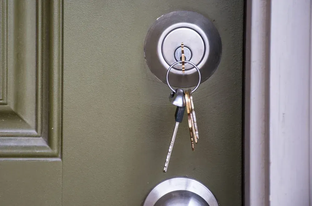 Deadbolt lock with keys on a door